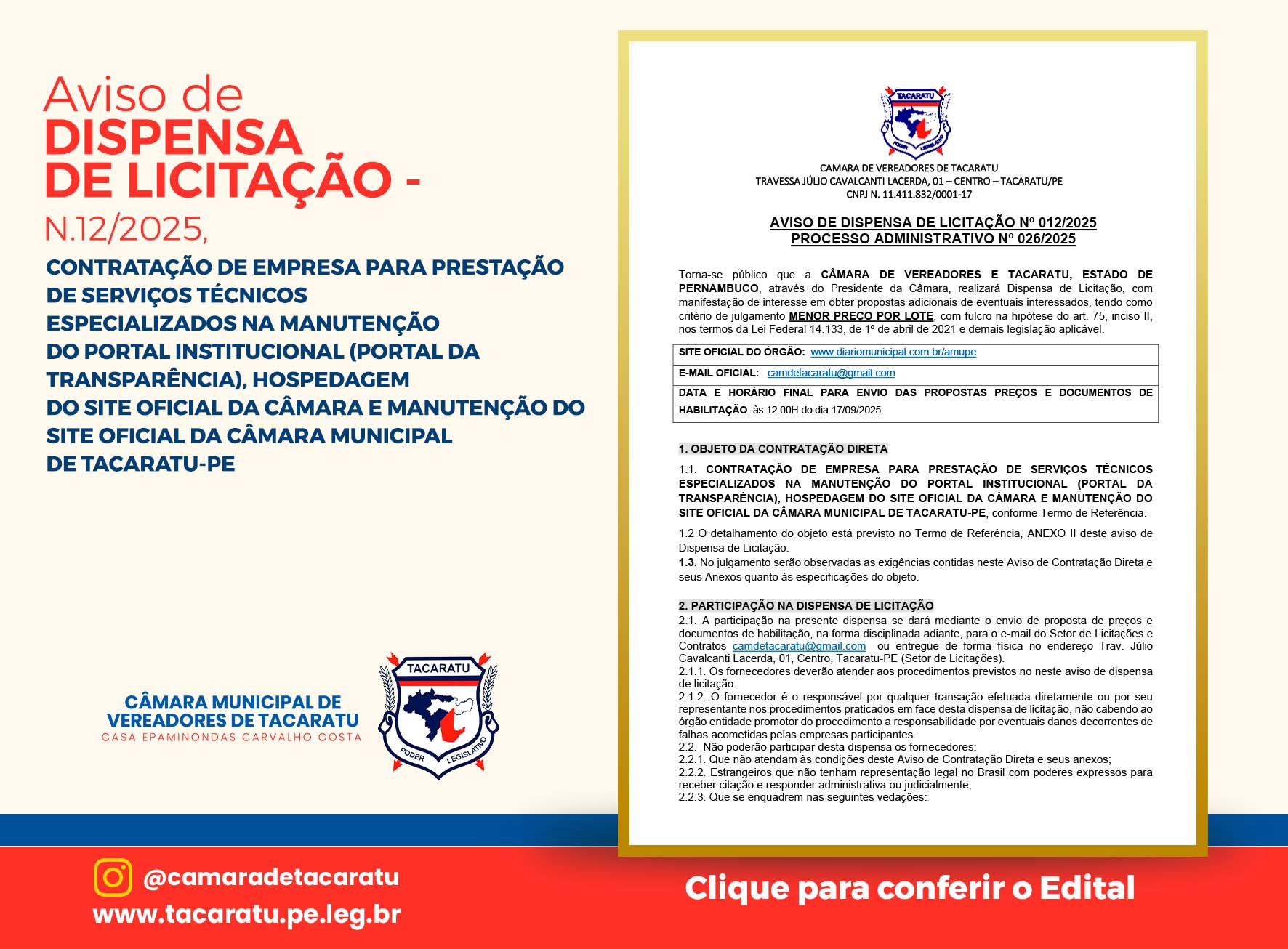 AVISO DE CONTRATAÇAO DIRETA - Prestação de serviços técnicos especializados na Manutenção do Portal Institucional (Portal da Transparência), Hospedagem do Site Oficial da Câmara e Manutenção do Site Oficial da Câmara - DISPENSA Nº 012/2025-DL