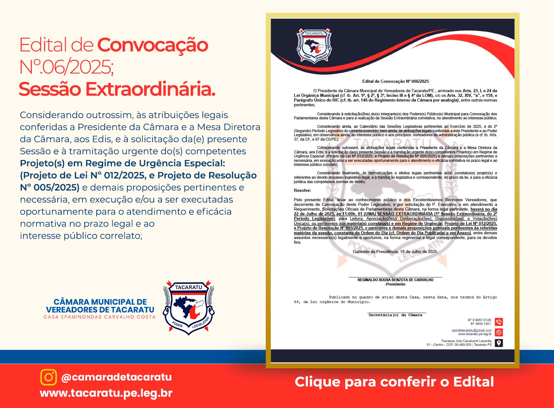 EDITAL DE COVOCAÇÃO Nº 06 - (1ª Sessão Extraordinária, do 2º Período Legislativo) - 22-07-2025